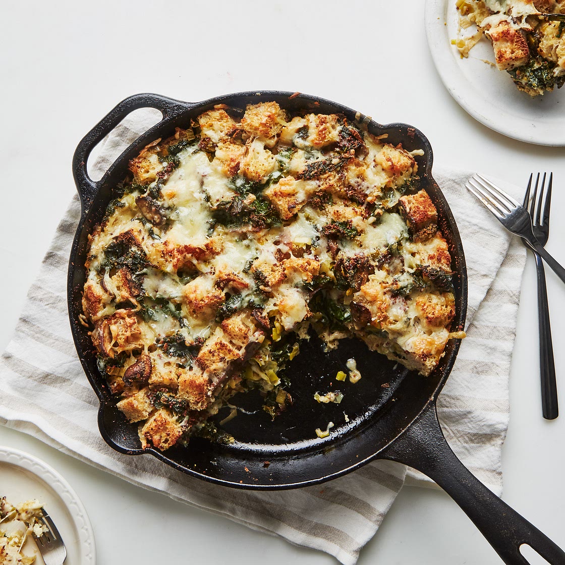 Cheesy Kale and Mushroom Strata