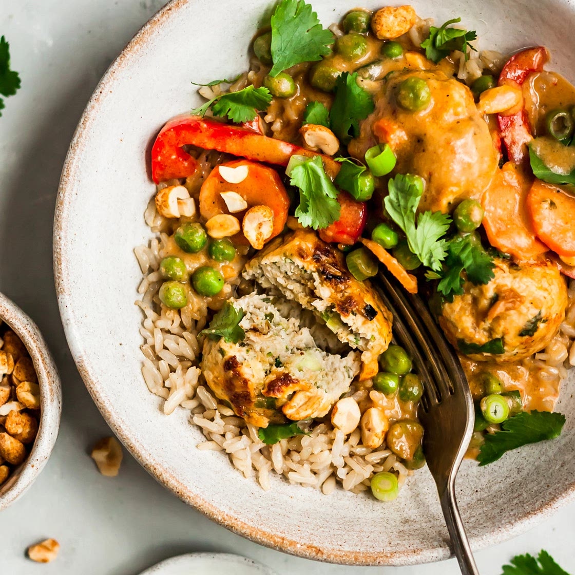 One Pan Ginger Chicken Meatballs with Peanut Sauce