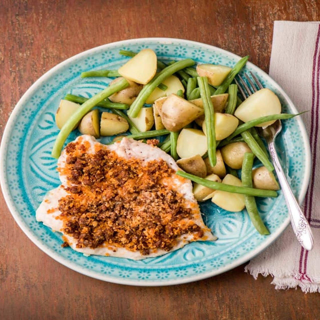 Chorizo Crusted Chicken with New Potatoes and Green Beans