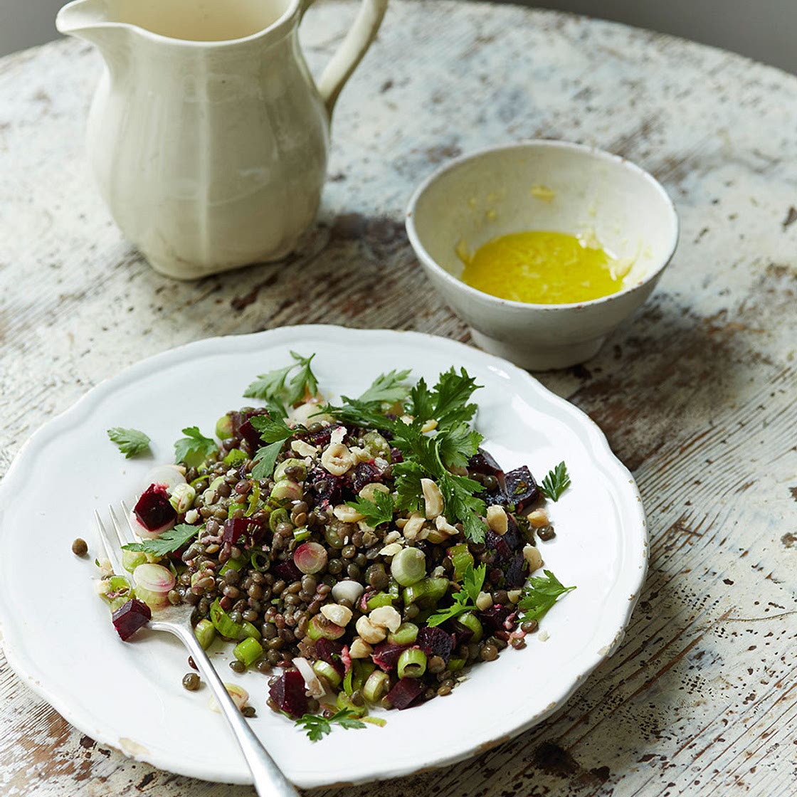 Lentil, Beetroot & Hazelnut Salad with Ginger Dressing - amelia freer
