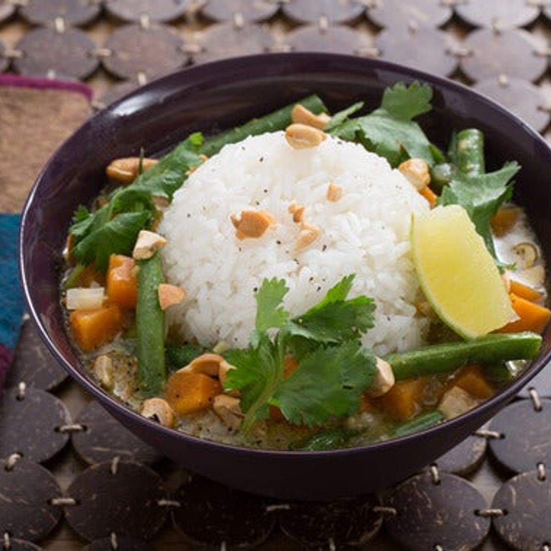 Thai Green Coconut Curry with Sweet Potato, Green Beans & Jasmine Rice