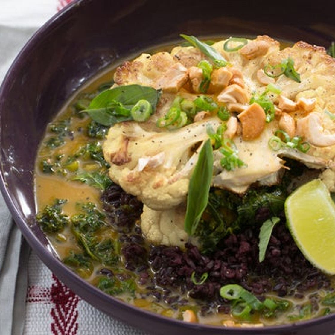 Curried Cauliflower Steaks with Black Rice & Thai Basil