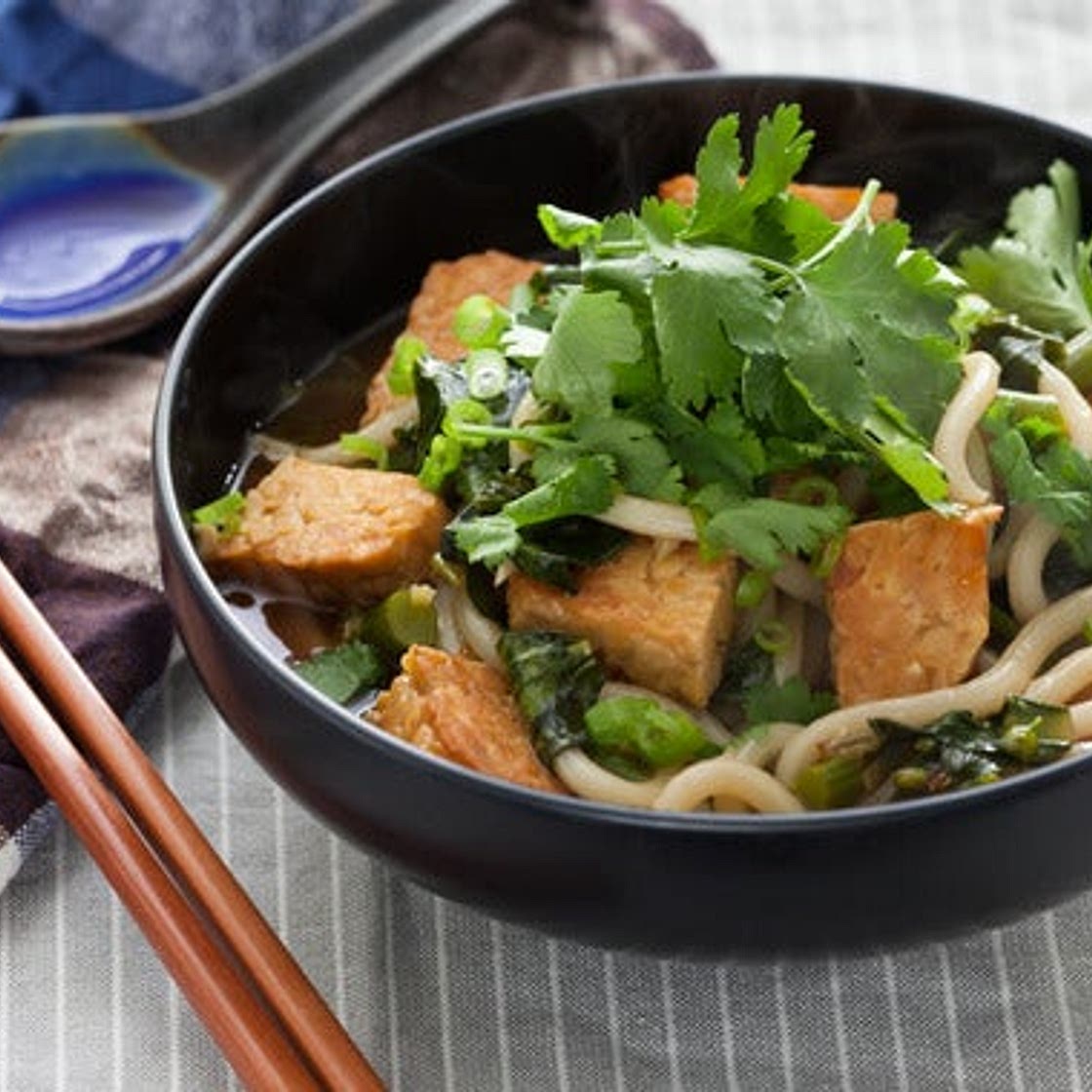 Udon Noodle Soup with Chinese Broccoli & Seared Tempeh