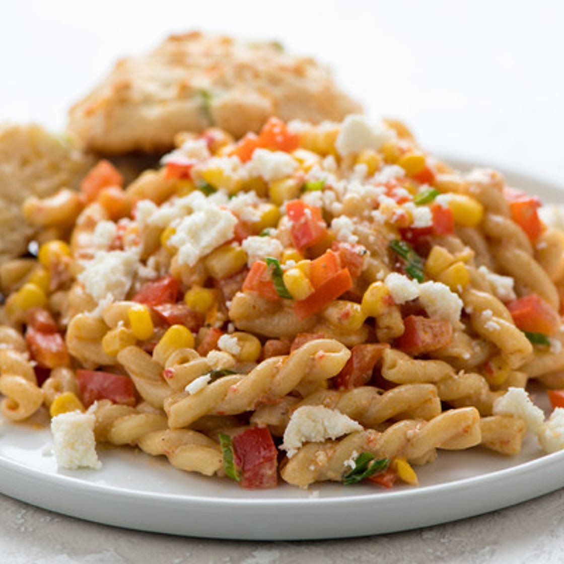 Chipotle Cream Gemelli with queso fresco and cheddar-scallion biscuits