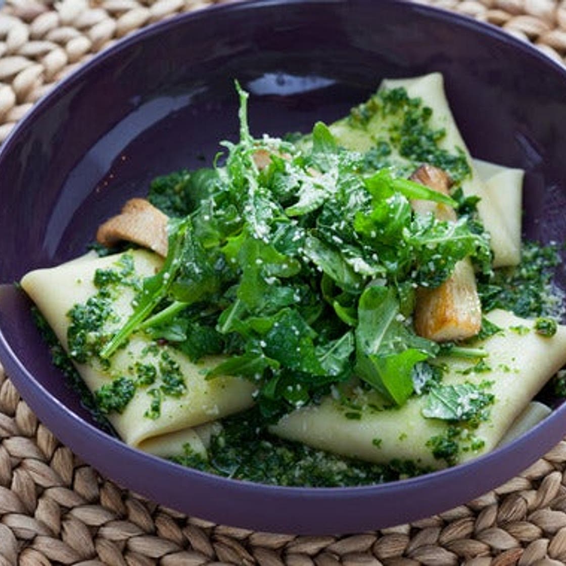 Free-Form Ricotta Ravioli with Trumpet Mushrooms & Walnut-Arugula Pesto