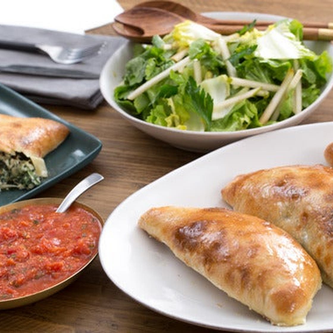 Spinach & Ricotta Calzones with Escarole-Pear Salad & Honey Dressing