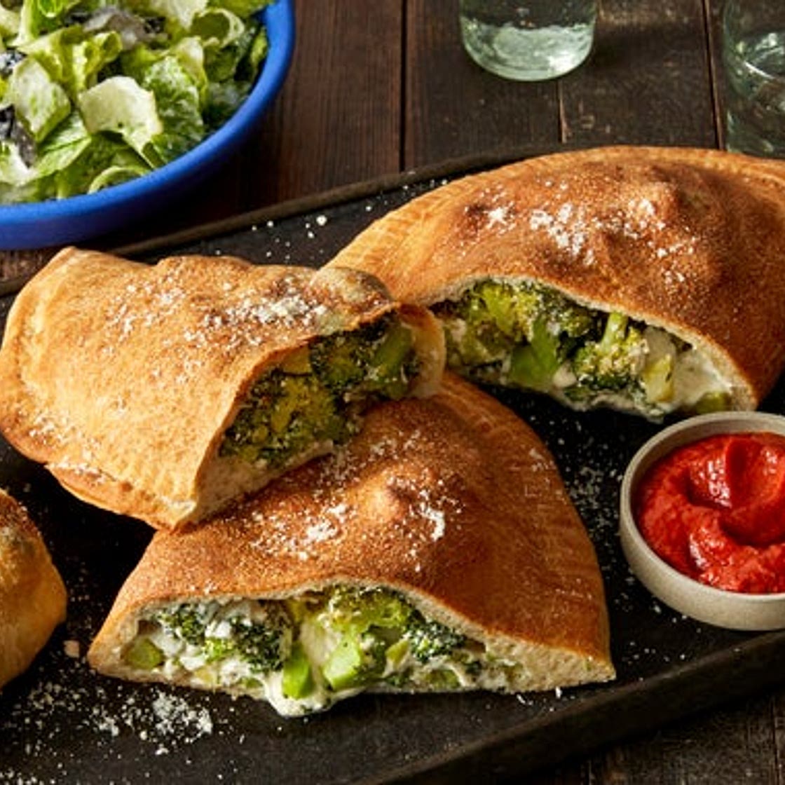 Broccoli & Mozzarella Calzones with Caesar Salad