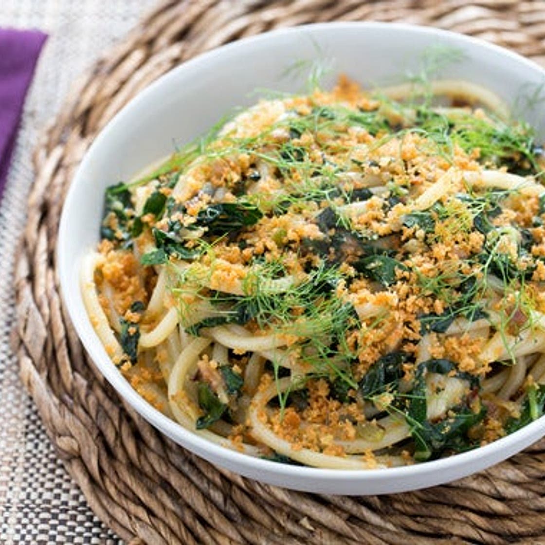 Caramelized Fennel & Kale Bucatini with Pecorino, Toasted Breadcrumbs & Powdered Honey