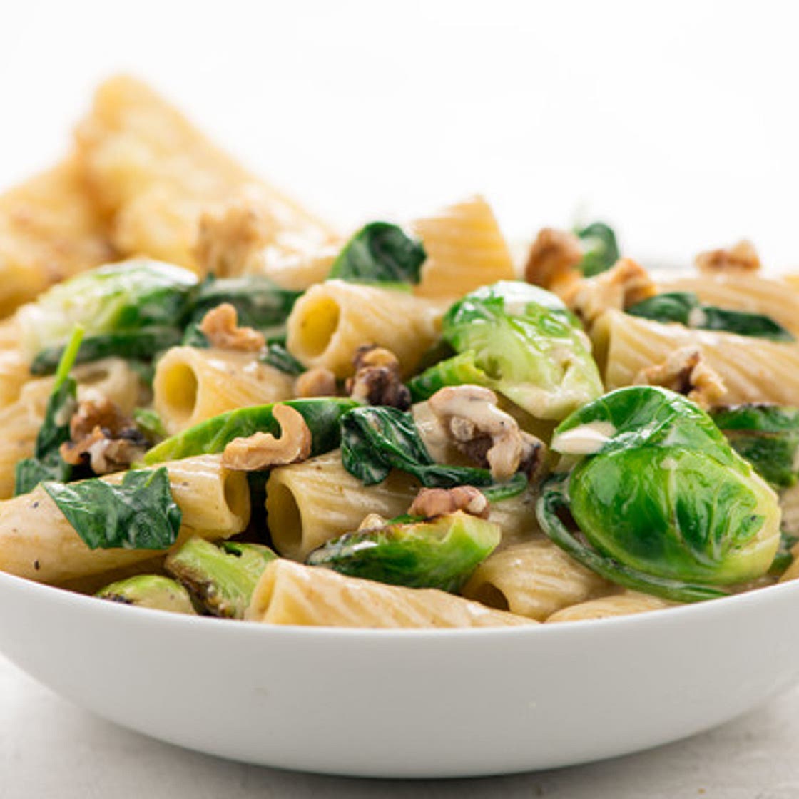 Roasted Garlic Cream Rigatoni with Brussels Sprouts with walnuts and garlic bread