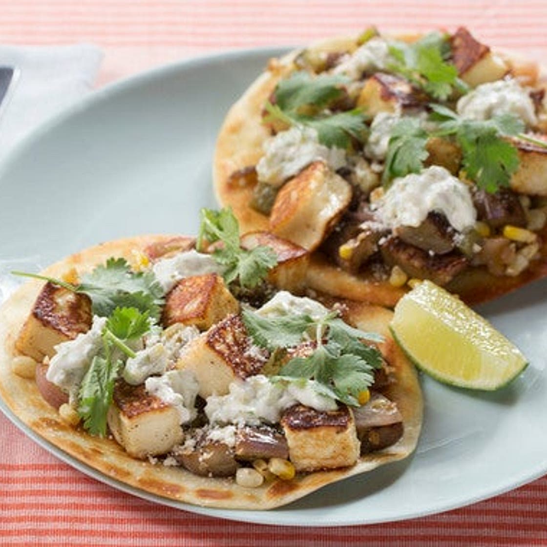 Summer Vegetable & Queso Tostadas with Fairy Tale Eggplants & Spicy Crema
