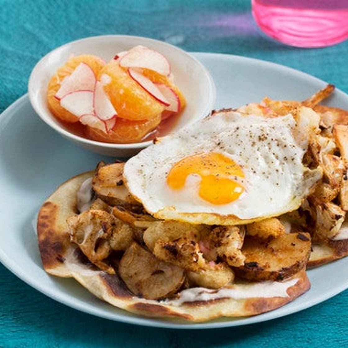 Spicy Cauliflower, Potato & Egg Tostadas with Marinated Radishes & Satsuma Mandarin