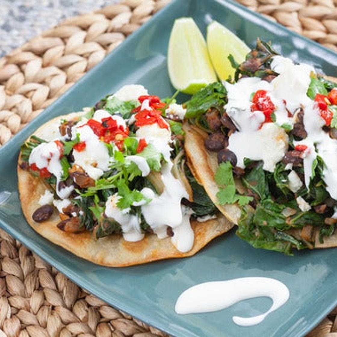 Smoky Swiss Chard & Black Bean Tostadas with Queso Fresco & Roasted Piquillo Peppers