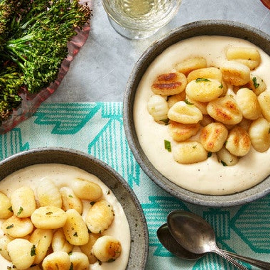 Crispy Gnocchi with Fontina Cheese Sauce & Roasted Broccoli
