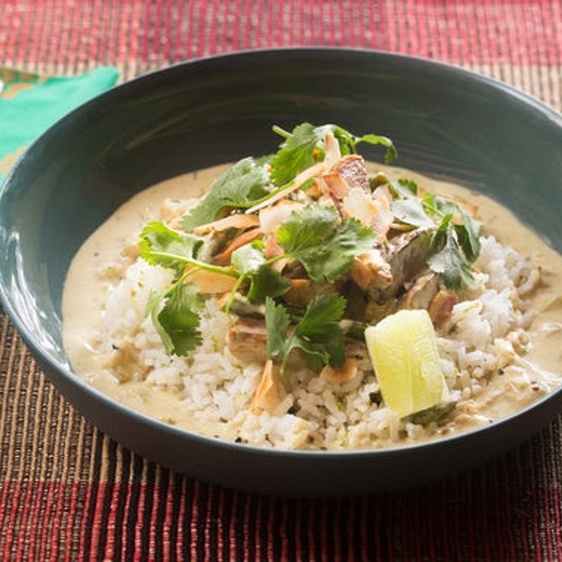 Green Bean, Fennel & New Potato Curry with Basmati Rice & Toasted Coconut Flakes