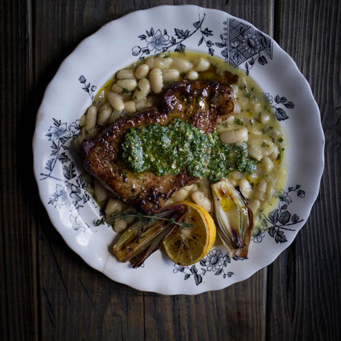 Pork Chops with White Bean Stew and Salsa Verde