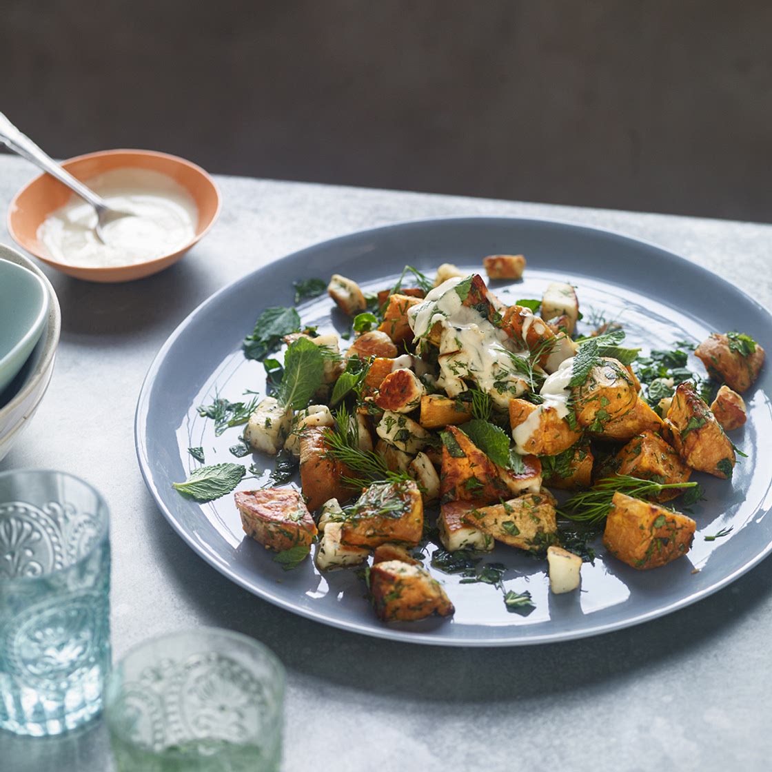 Sweet potato and halloumi with tahini dressing Recipe by Eve Kalinik | Nutritional Therapist, Author + Consultant