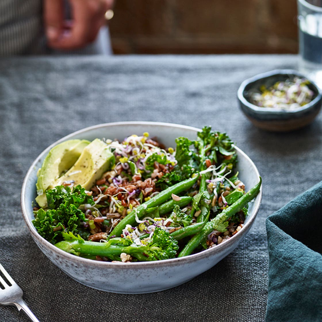 Greens and grains with miso mustard dressing Recipe by Eve Kalinik | Nutritional Therapist, Author + Consultant
