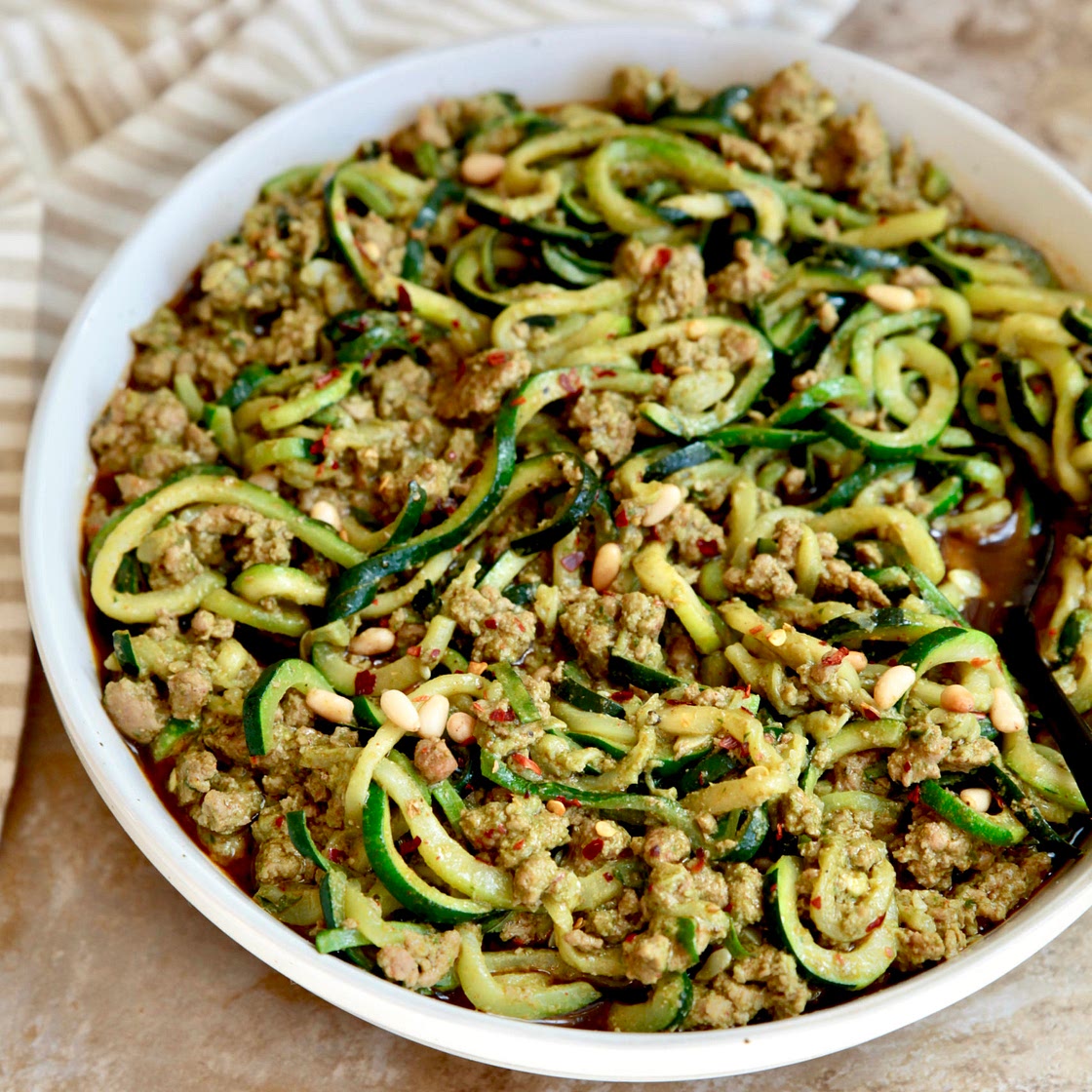 Whole30 Spicy Pork & Pesto Zoodles