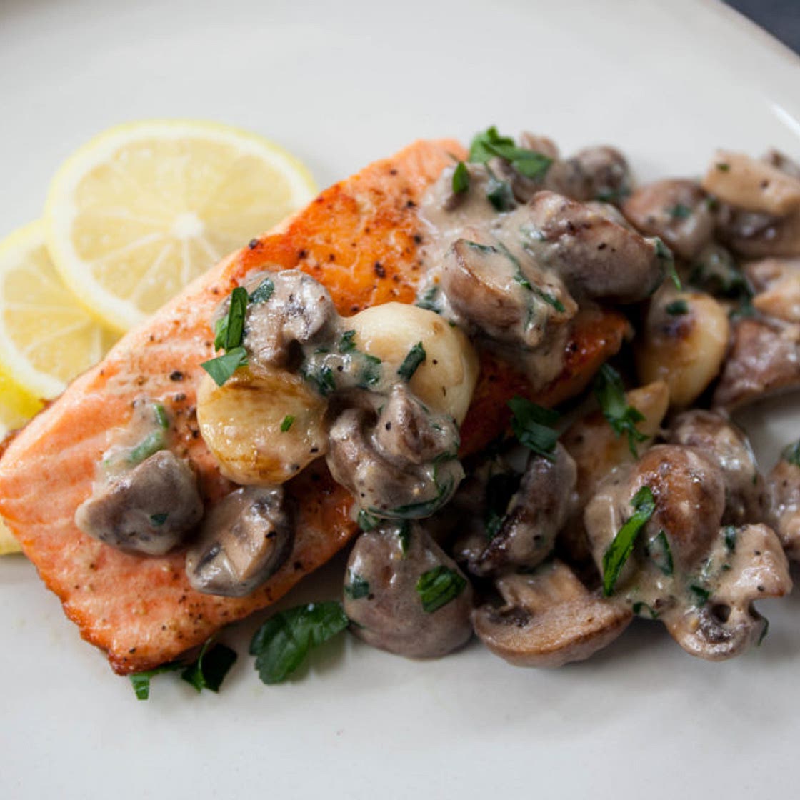 Salmon in Creamy Mushroom Sauce