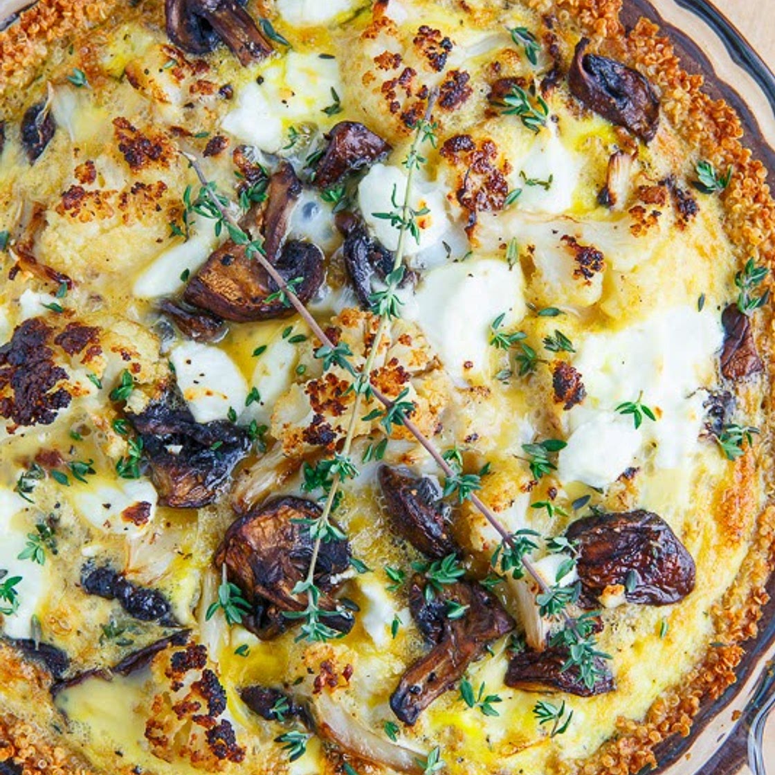 Roasted Cauliflower, Mushroom and Goat Cheese Quiche with Quinoa Crust