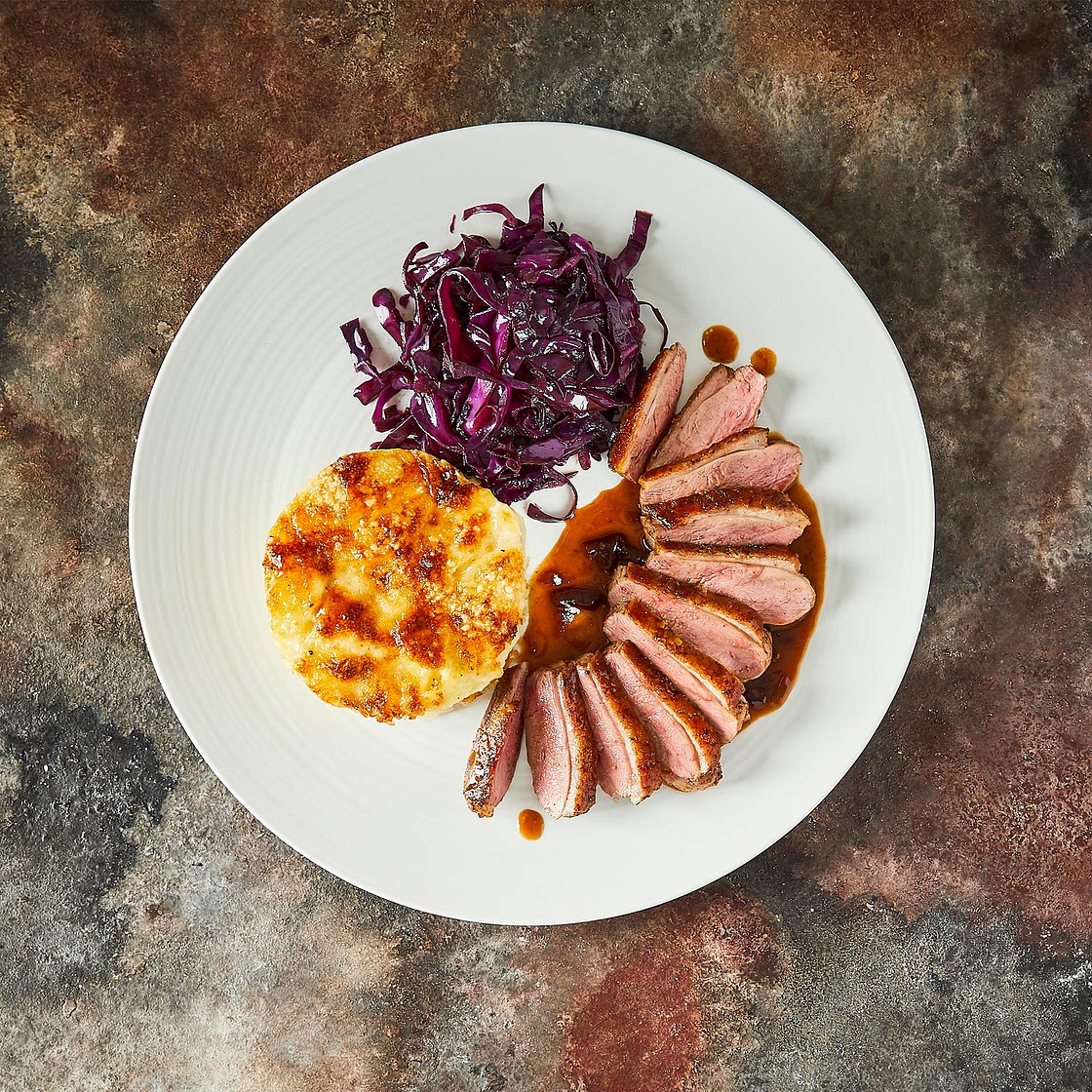 Duck Breast, Braised Red Cabbage, Potato & Parsnip Gratin