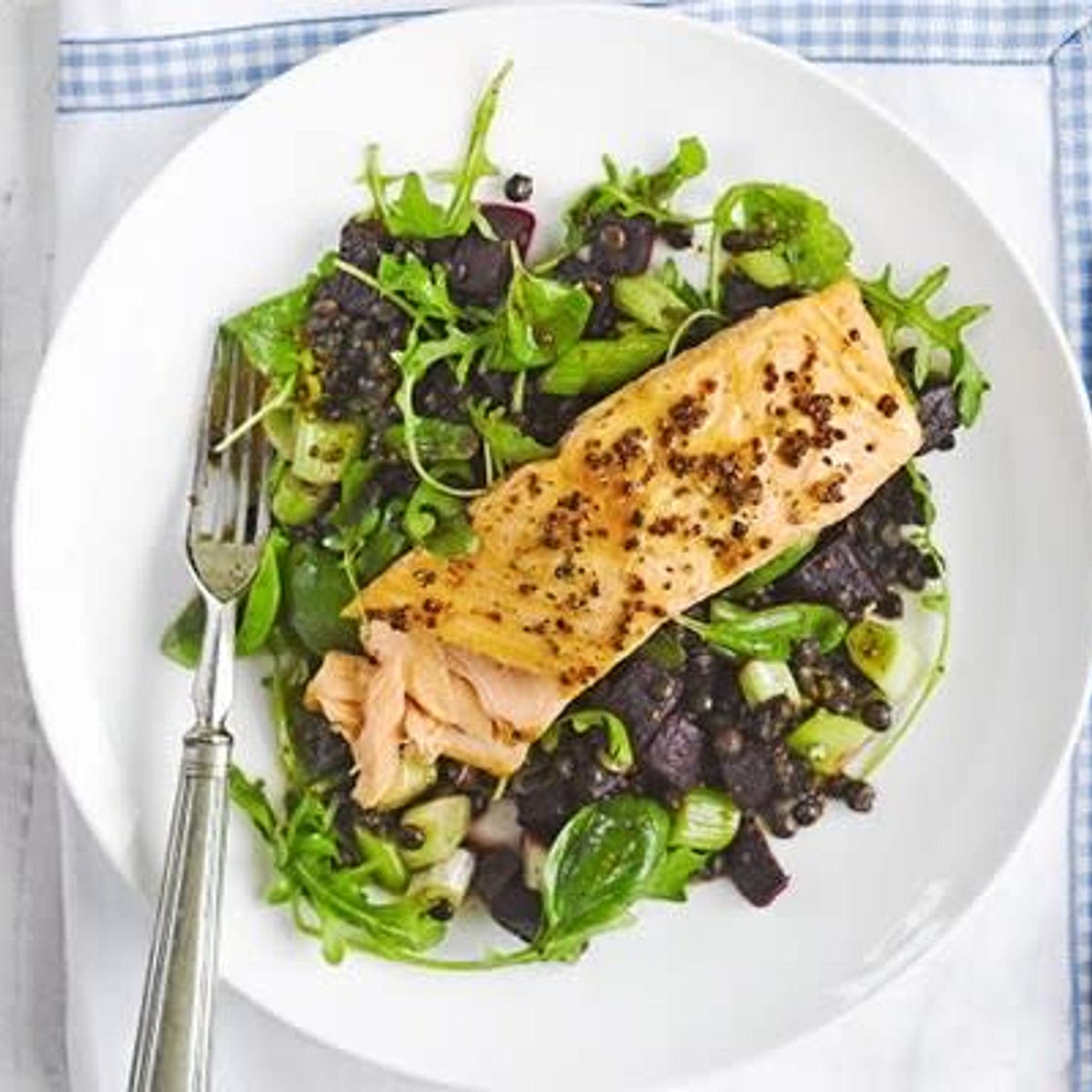 Honey and Mustard Salmon with Pye Lentils 