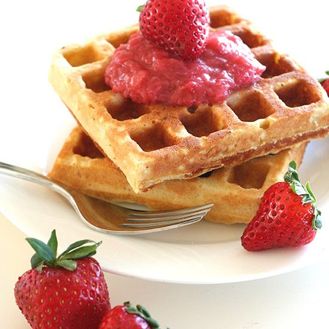 Vanilla Cake Waffles with Strawberry Rhubarb Sauce