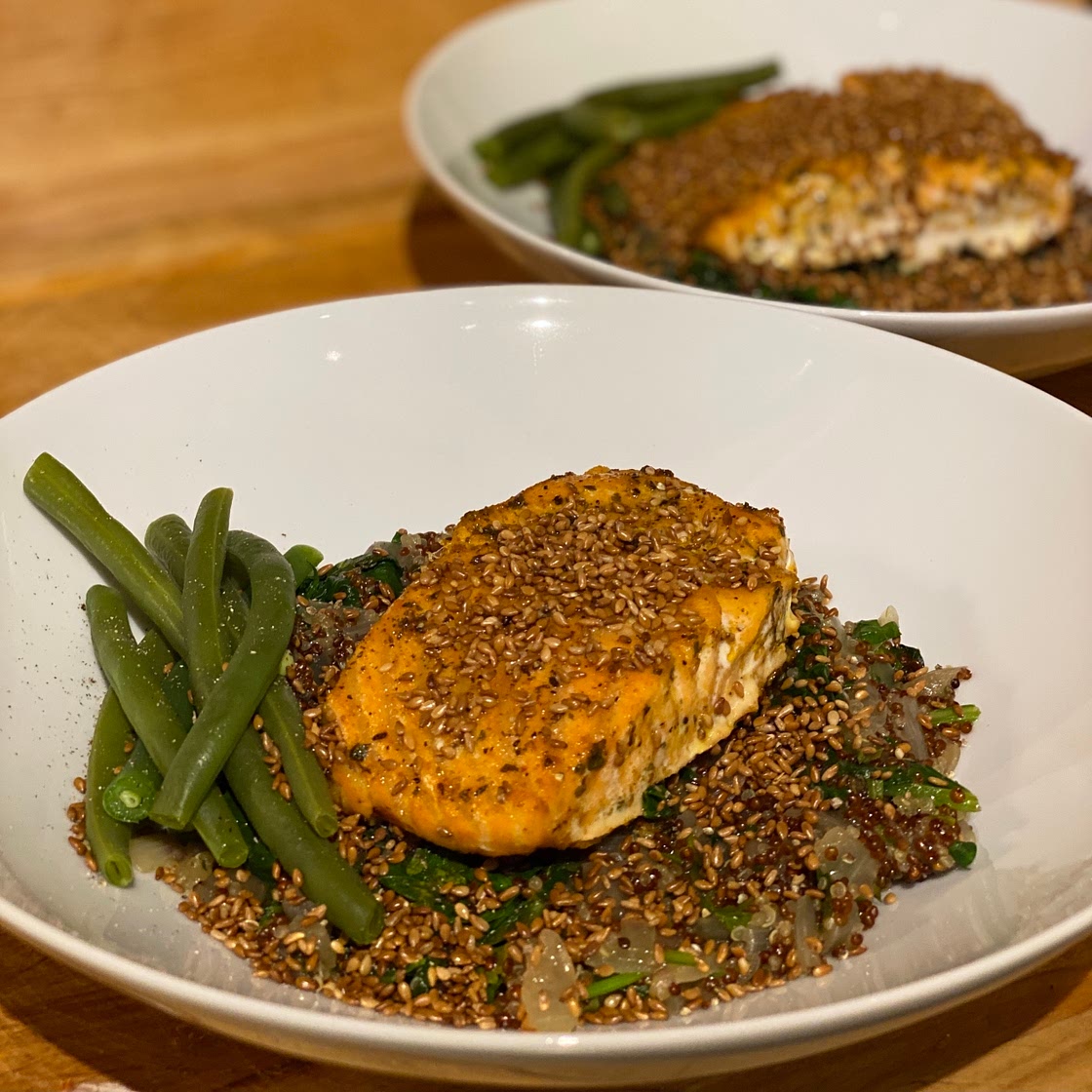 Chermoula Spiced Salmon with Freekeh Pilaf and Toasted Sesame Seeds