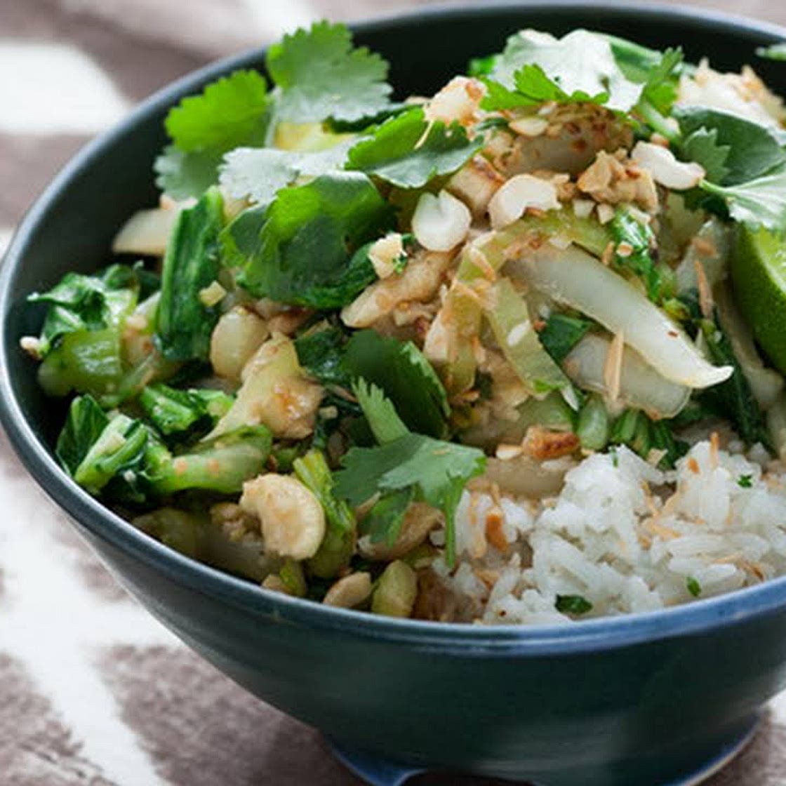 Coconut Jasmine Rice with Bok Choy, Cashews & Golden Raisins