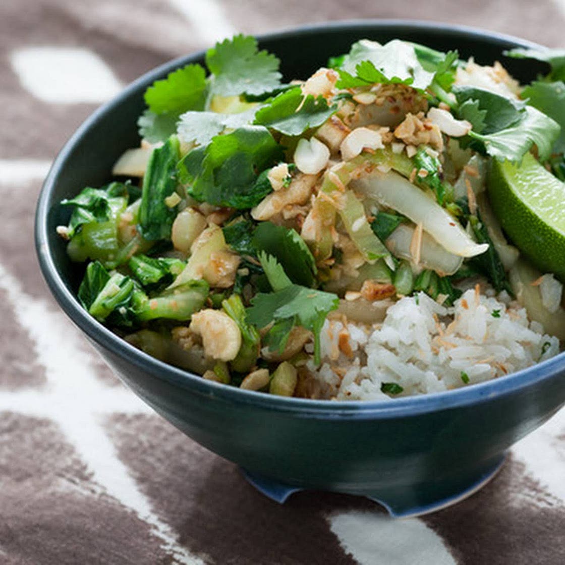 Coconut Jasmine Rice with Bok Choy, Cashews & Golden Raisins