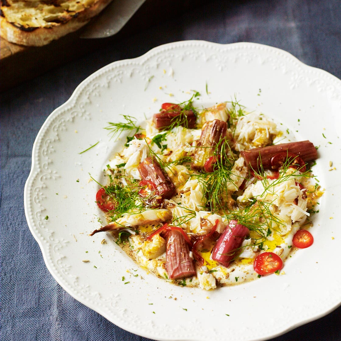 Crab with rhubarb, yoghurt, fennel and chilli | Gill Meller