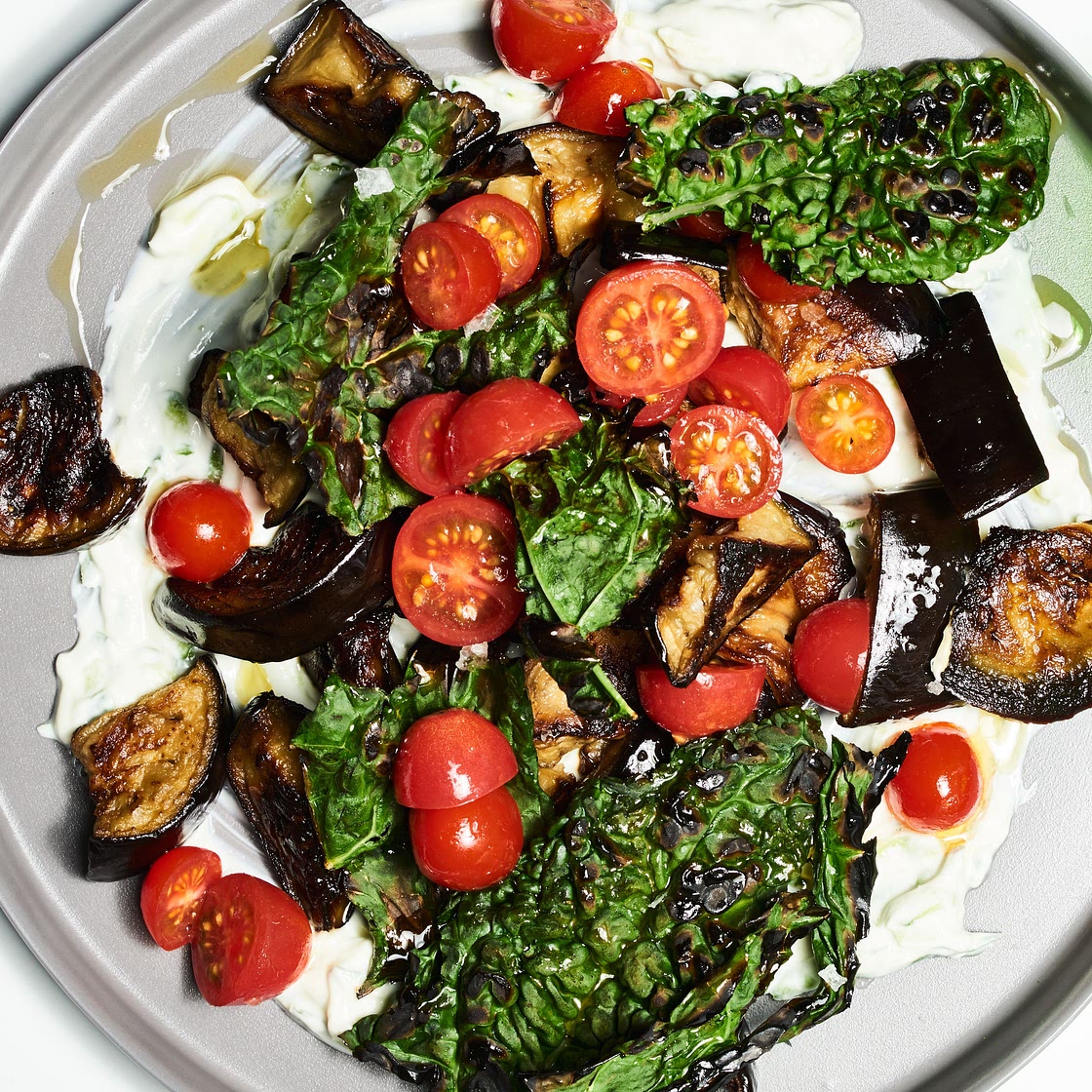 Roasted Eggplant and Crispy Kale with Yogurt