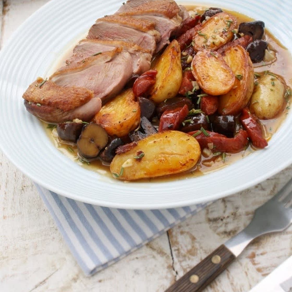 Duck breast with chorizo, potatoes & chestnuts