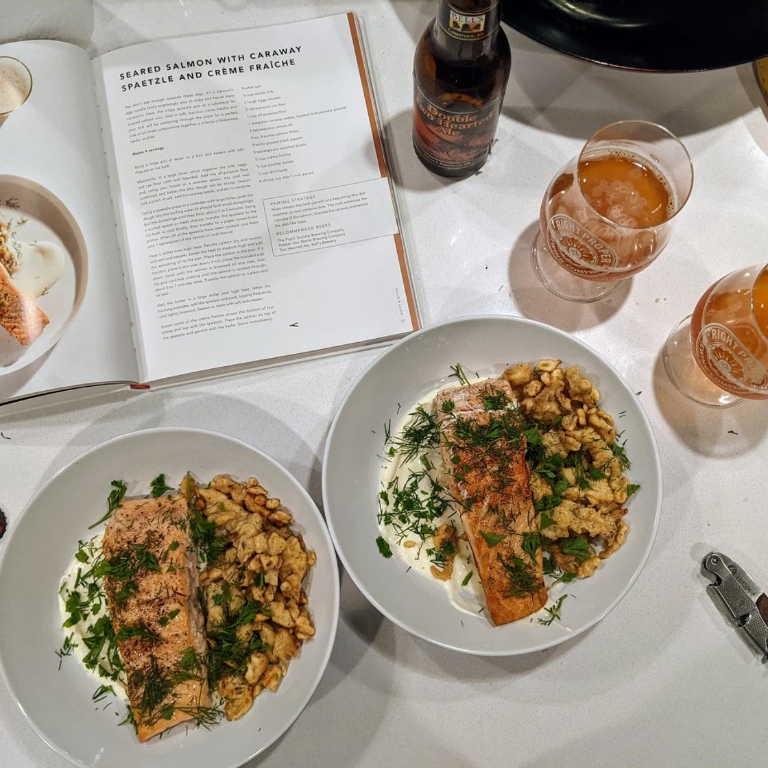 Seared Salmon with Caraway Spaetzle and Creme Fraiche