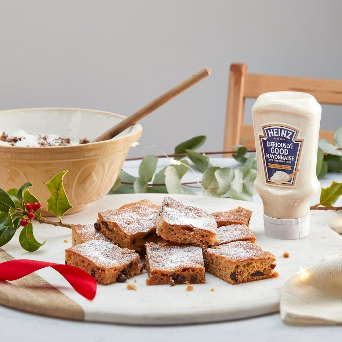 Peanut Butter, Mayonnaise and Raisin Christmas Blondies