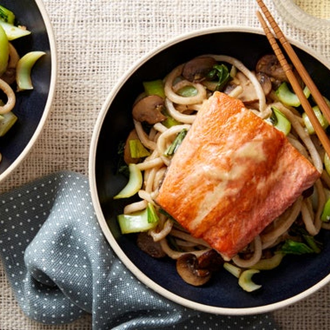 Honey & Miso-Glazed Salmon with Udon Noodles & Bok Choy