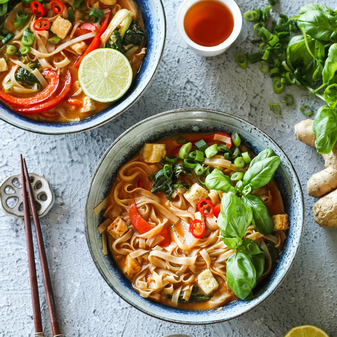 Thai Red Curry Noodle Soup with Crispy Tofu