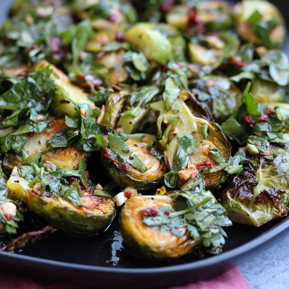 Roasted Brussels sprouts with Red Chimichurri