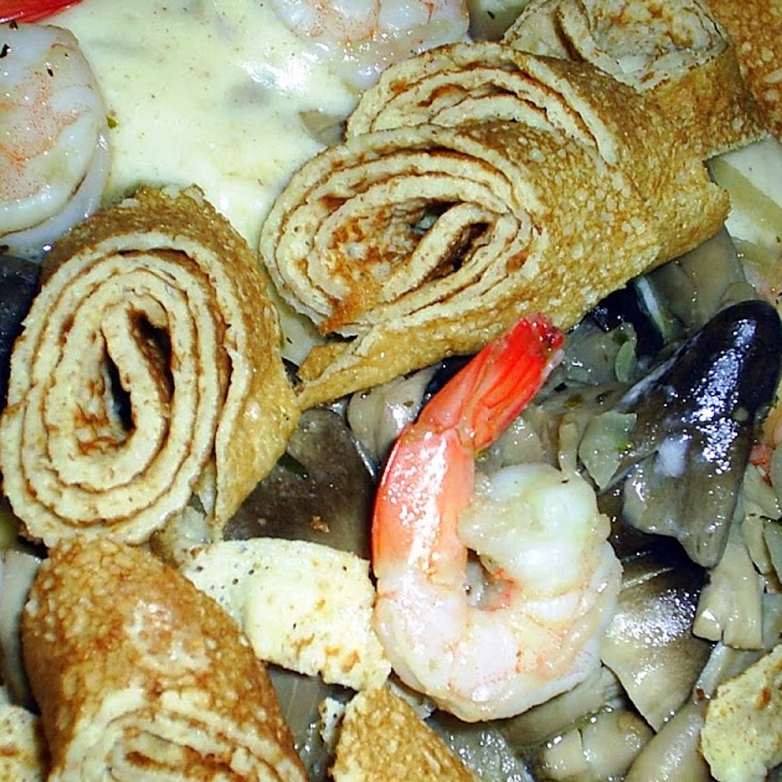 Shrimp Mushroom Crepe with Cheese sauce - Bonaire Island inspired