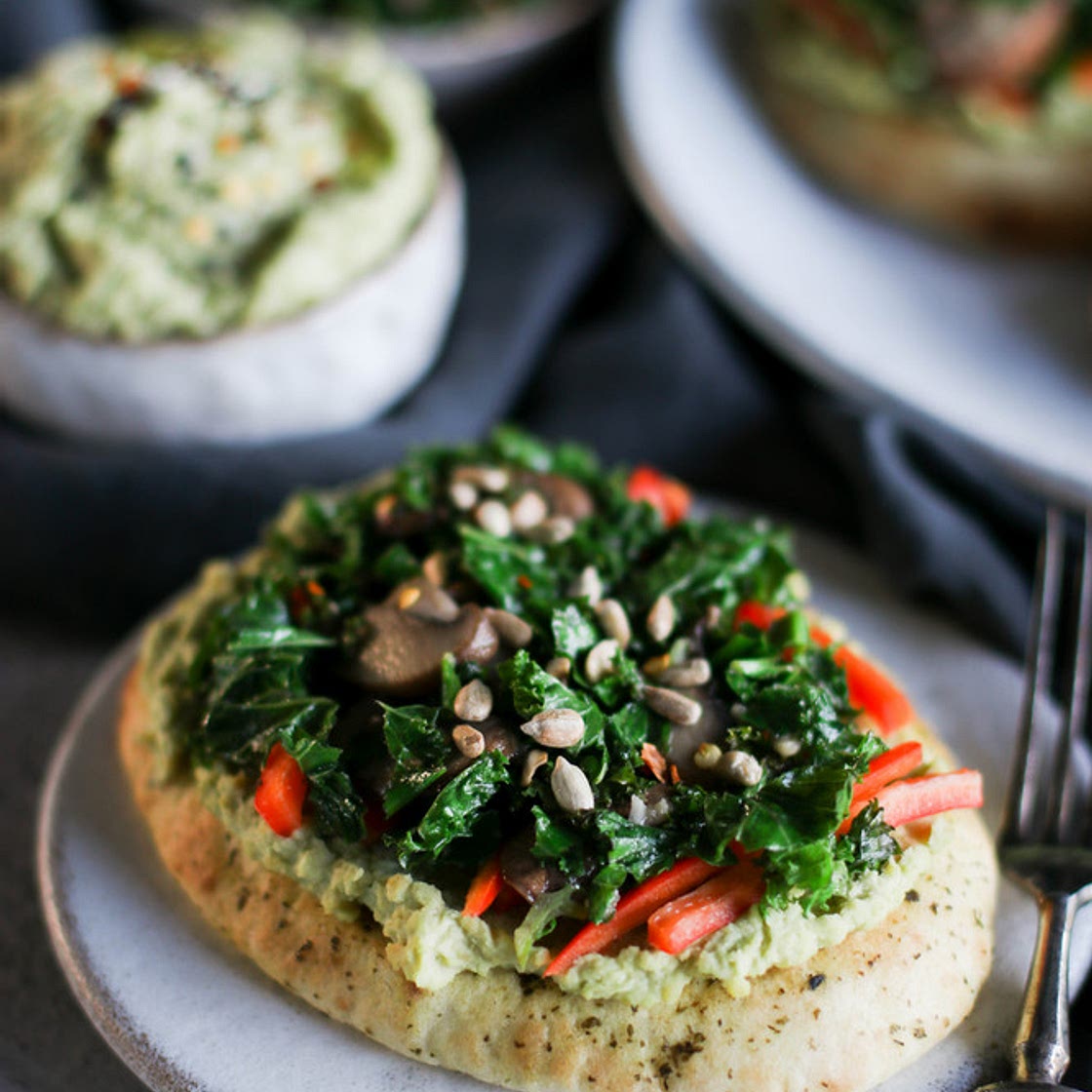 Avocado Hummus Toast with Miso Mushroom and Kale Sauté