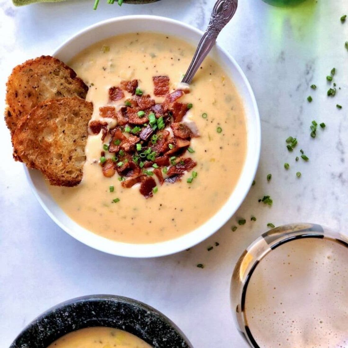 Smoky Bacon-Cheddar Beer Cheese Soup with Chives