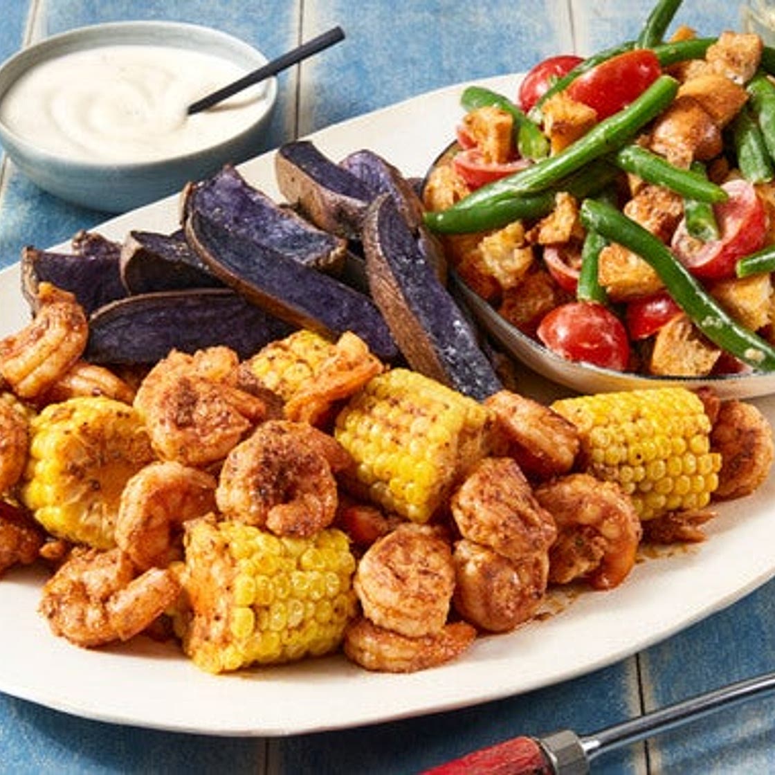 Garlic-Butter Shrimp & Corn with Green Bean Salad & Roasted Purple Potatoes