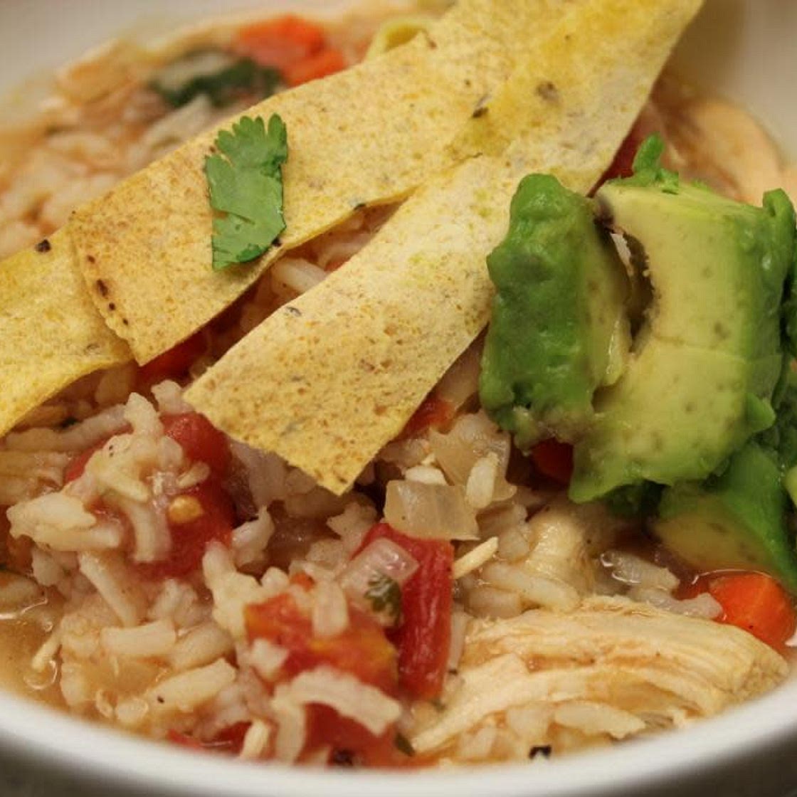 Southwestern Chicken and Rice Soup With Tortilla Strips
