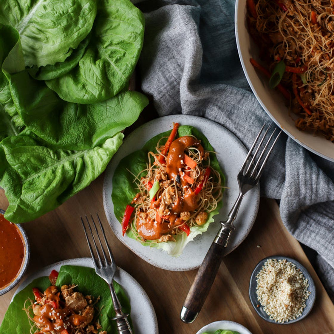 High Protein Lettuce Wraps with Creamy Peanut Sauce