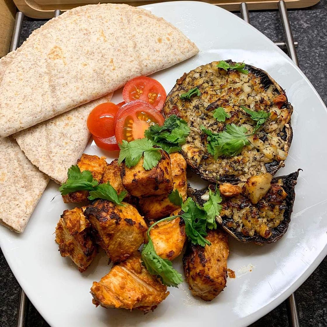 Harissa Chicken with Halloumi stuffed Mushrooms
