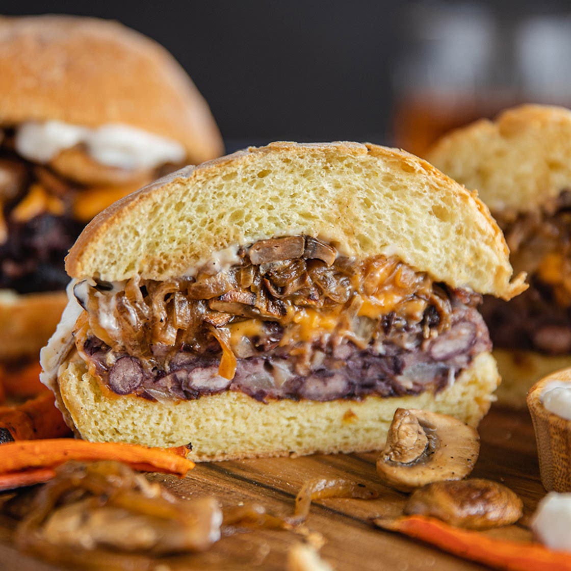 Mushroom Cheddar Black Bean Burgers with Garlic Aioli & Carrot Fries