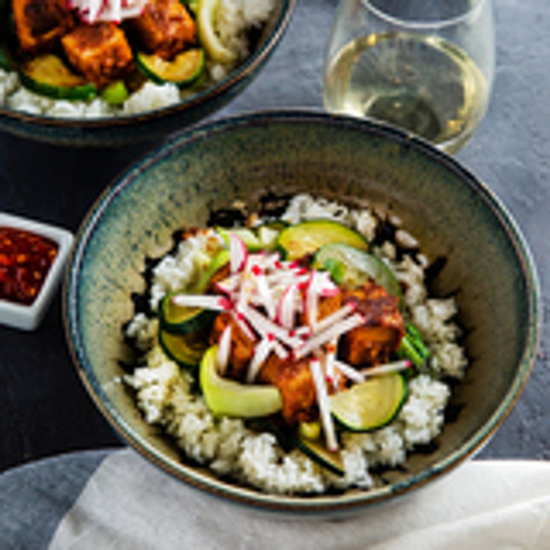 Almond Butter Tofu Bowls with Charred Zucchini & Bok Choy