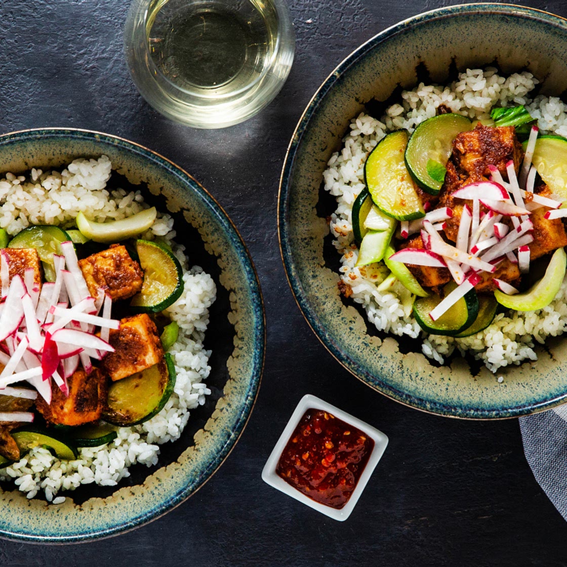 Almond Butter Tofu Bowls with Charred Zucchini & Bok Choy