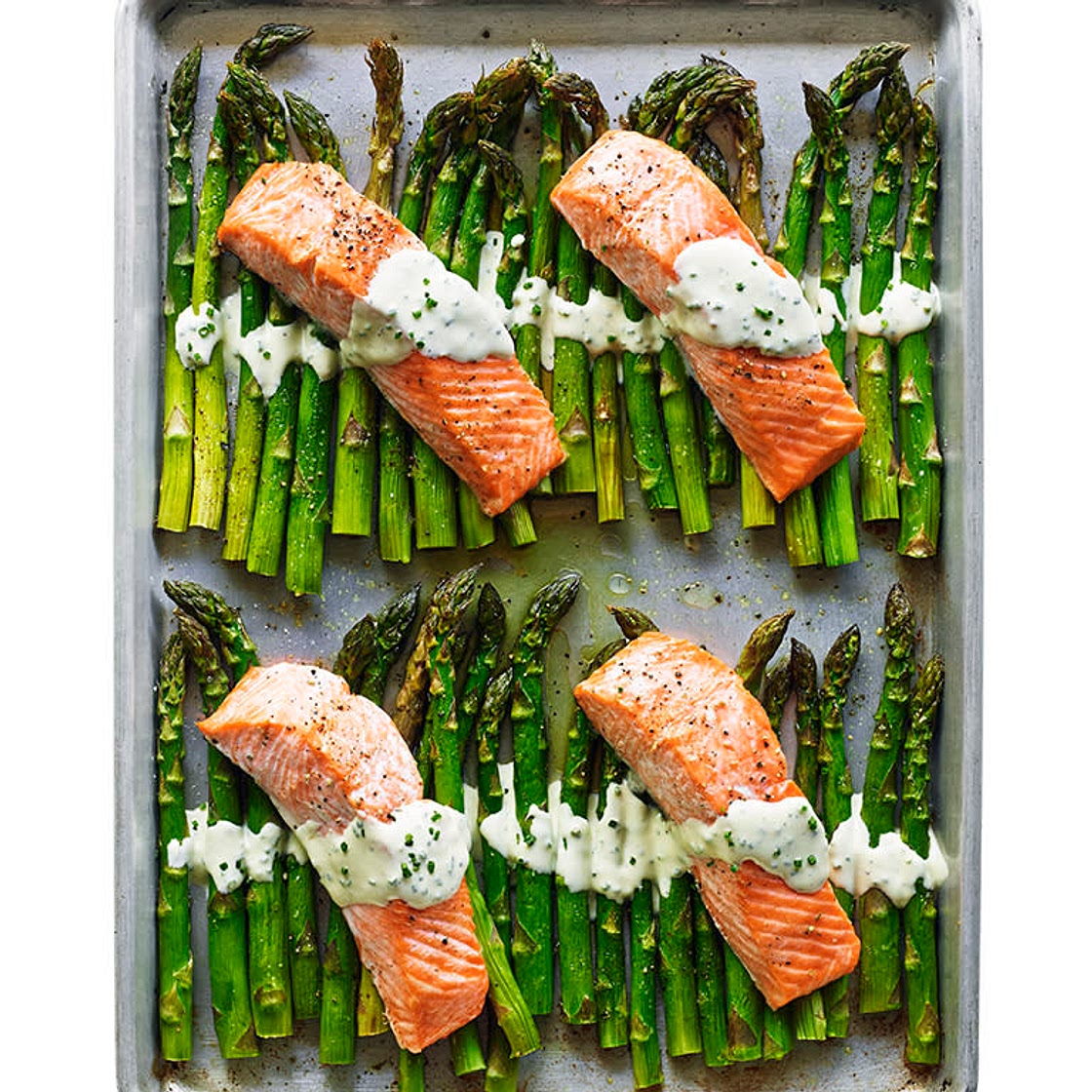 Broiled Salmon and Asparagus with Creme Fraiche