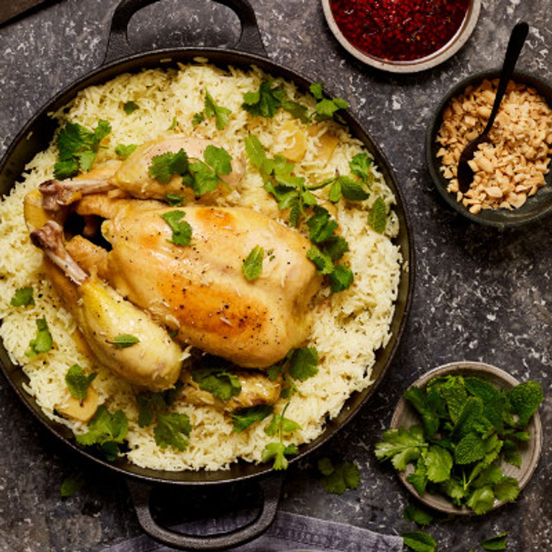 Fragrant chicken and rice with soy and chilli dressing